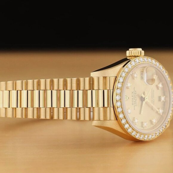 ROLEX LADIES 18K YELLOW GOLD CHAMPAGNE FACTORY DIAMOND PRESIDENT WATCH BOX TAG - Picture 8 of 10